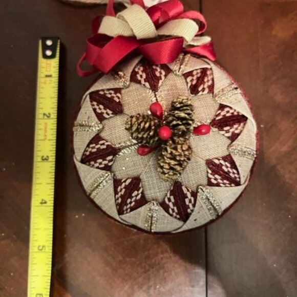Rustic Holiday Ornament With Red & Beige Ribbon Accents & Buffalo Print - Picture 3 of 6
